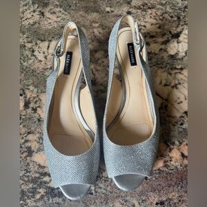 Alex Marie Glitter Open-Toe Slingback Heels in Silver